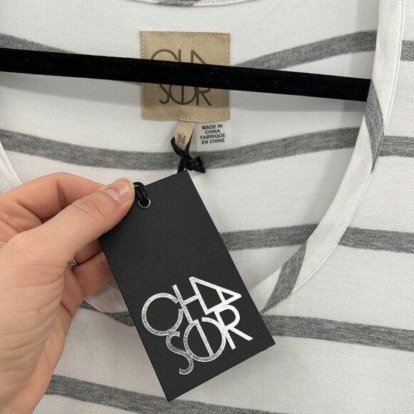 NWT CHASER White Gray Striped Ruched Cold Shoulder Cut Out Scoop Neck Tee Medium - Picture 4 of 4